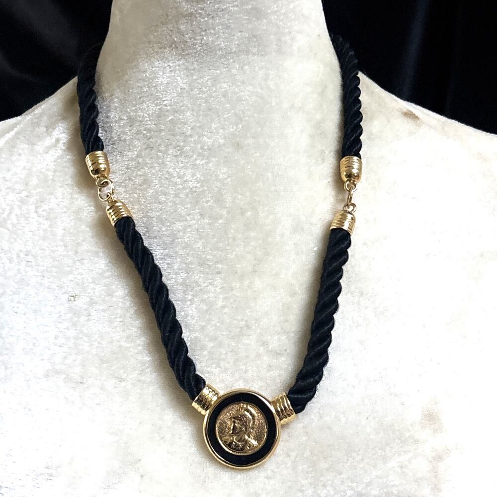 Vintage Roman Coin Pendant Necklace Rope Cord Gold Tone Roman Greek Art Jewelry